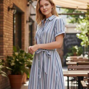 Lucky Brand Striped Belted Shirt Dress Womens Medium Chambray Blue Pink Modal
